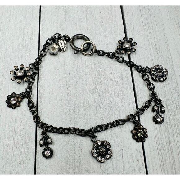 Catherine Popesco Gunmetal Pewter‎ Tone Floral Crystal Charm Bracelet size 7.25" - Picture 3 of 13